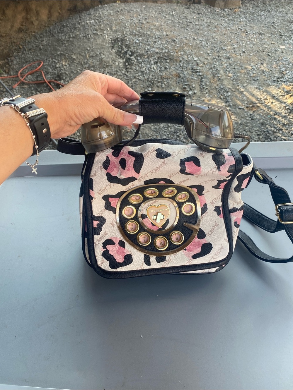 Betsey Johnson Pink & Black Leopard Phone Dial Crossbody Bag
